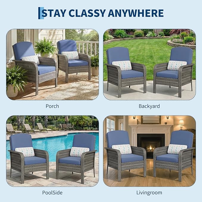 GarveeLife Set of 2 Wicker Patio Chairs, Gray Gradient Rattan with Blue Seat Cushion, Heavy Duty, for Backyard or Poolside