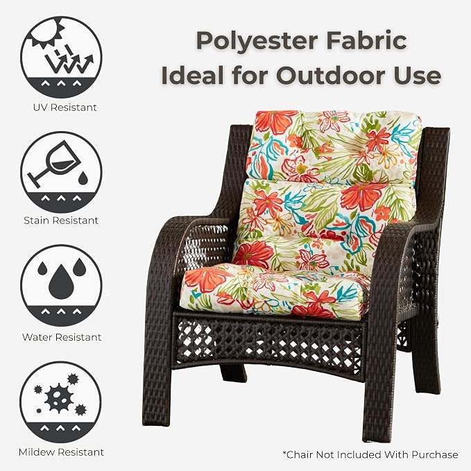 Outdoor Tufted High-Back Chair Cushions, One-Piece Hinged Seat and Back Design, Reversible with 4 Ties, Durable Polyester Fabric, Recycled Fiber Fill - Set of 2, Breeze Floral