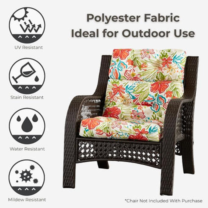 Outdoor Tufted High-Back Chair Cushions, One-Piece Hinged Seat and Back Design, Reversible with 4 Ties, Durable Polyester Fabric, Recycled Fiber Fill - Set of 2, Breeze Floral