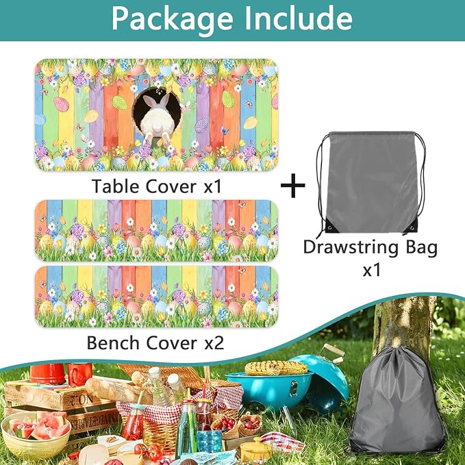 Easter Picnic Table Cover with Bench Covers, Cute Bunny Flower Colorful Wooden Board Camping Tablecloth, Waterproof Windproof, Fitted Tablecloth Cover with Elastic Edge, for Outdoor, 3 PCS, 30x60 Inch