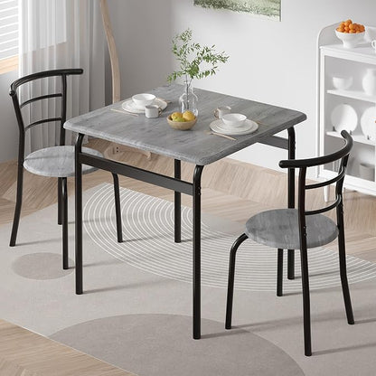 VECELO 3-Piece Dining Table Set for Kitchen Breakfast Nook, Wood Grain Square Tabletop and Metal Frame, for Small Spaces, Grey