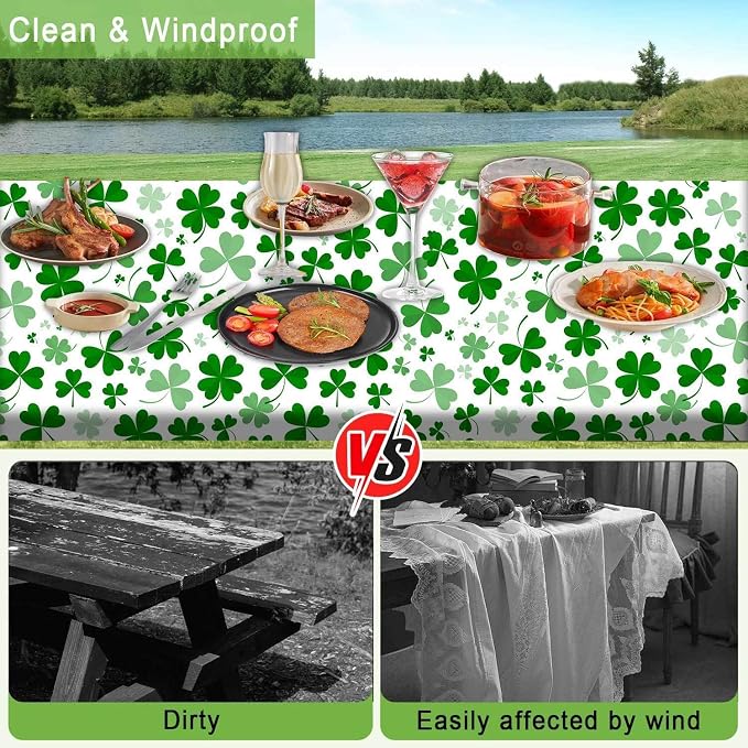 JAWO St Patrick's Day Picnic Table Cover with Bench Covers, Camping Essentials, Shamrock Lucky Outdoor Table Covers, Waterproof, Fitted Tablecloth Cover with Elastic Edge, 3 PCS, 30X96 Inches