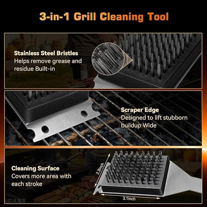 BBQ Grill Brush and Scraper, Heavy Duty Grill Cleaner with Stainless Steel Handle, Replacement Brush Head Included, Grill Cleaning Brush for Gas, Charcoal & Smoker Grill Grates （15 inch）