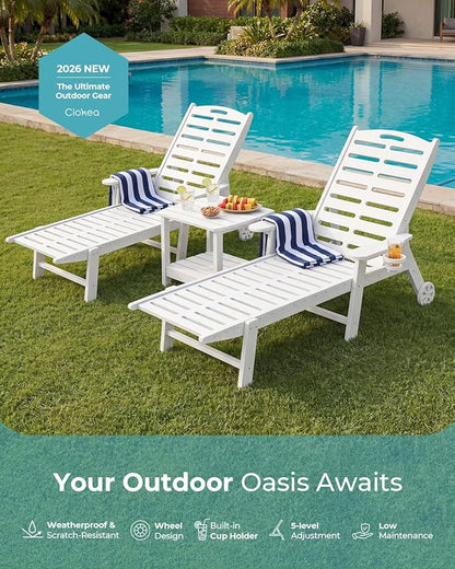 Ciokea Lounge Chair Outdoor Set of 2, 5-Position Adjustable Patio Lounge Chairs with Wheels & Cup Holder, Heavy Duty HDPE Poolside Set, Easy Rolling Chaise Lounge for Deck, Poolside, Backyard (White)