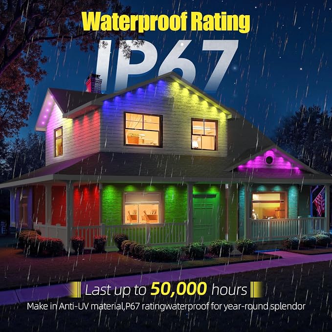 Permanent Outdoor Lights 300ft RGB+IC Eave Lights for House | IP67 Waterproof Smart LED Outdoor Lights with 16M Colors, App/Remote Control for Daily, Christmas, Halloween, Party