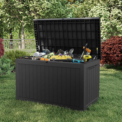 Pepe Tee Waterproof Resin Deck Box, Outdoor Storage Bin for Patio Furniture Cushions, All-Weather Garden Organizer & Seating Bench, Black