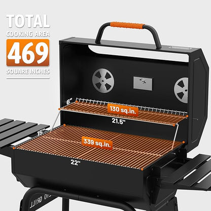 KEYO GRILL 23-Inch Movable Charcoal Grill, High Temperature Resistant Glass Barrel Charcoal Grills with Adjustable Vents, Warming Rack Outdoor BBQ Grills for Backyard, Patio and Parties, Black