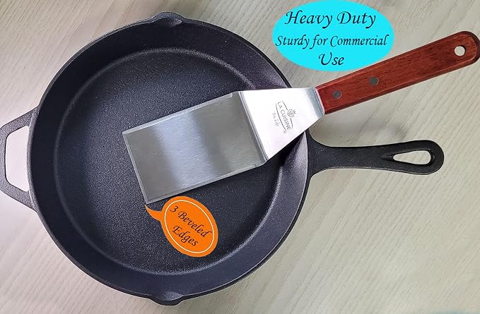 La Cuisine 3 PC Stainless Steel Griddle Spatula Set — Standard & Long Spatulas + Chopper/Scraper with Solid Wood Handles for Grill, BBQ, Teppanyaki & Flat Top Cooking