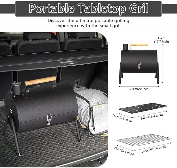 Portable Charcoal Grill (2 IN 1 Double-Sided), Mini Tabletop BBQ Grill 22" x 17", Heavy Duty Steel, Easy Assembly, Compact & Portable for Outdoor Camping, Picnic, Backyard Party
