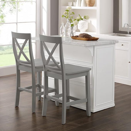 Crosley Furniture Cutler Kitchen Island with Faux Marble Top and X-Back Stools, White/Gray