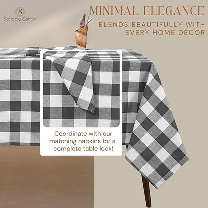 Grey and White Buffalo Check Tablecloth, 60x102 Inches, Plaid Dining Cover, 100% Cotton, Washable, Reusable Farmhouse Table Linen for Winter, Weddings, Buffet Parties, Everyday Dining