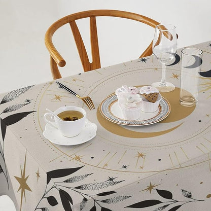 Vintage Boho Sun Moon Tablecloth Moon Phase Star Galaxy Space Wildflower Table Cloth Water Resistant Wipeable Table Cover for Farmhouse Picnic Party Holiday Kitchen Dinner Table 55"x55"