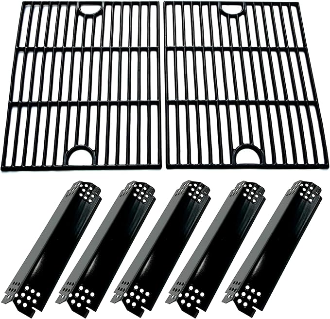 DG265 Replacement Cast Iron Grill Grates & Porcelain Steel Heat Plate Flame Tamer for Home Depot Nexgrill 4 Burner 720-0830H, 5 Burner 720-0888N, 720-0888 Gas Grill Models, 17" x 13 1/4"