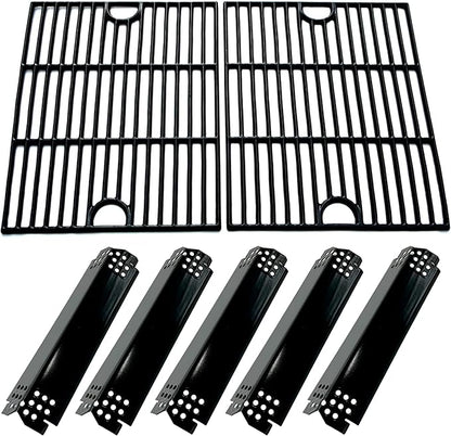 DG265 Replacement Cast Iron Grill Grates & Porcelain Steel Heat Plate Flame Tamer for Home Depot Nexgrill 4 Burner 720-0830H, 5 Burner 720-0888N, 720-0888 Gas Grill Models, 17" x 13 1/4"