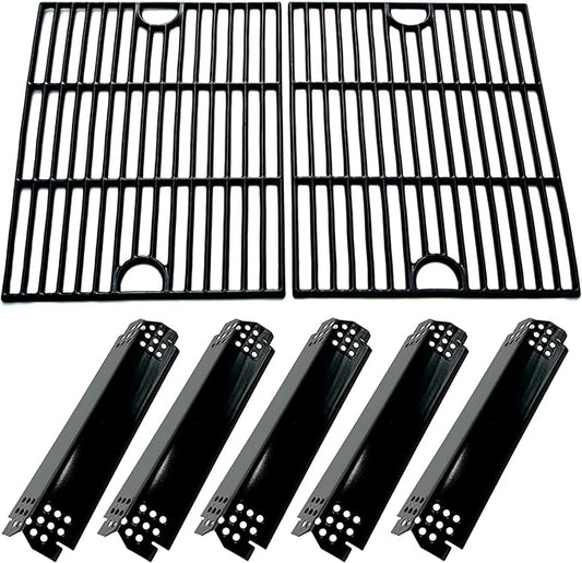 DG265 Replacement Cast Iron Grill Grates & Porcelain Steel Heat Plate Flame Tamer for Home Depot Nexgrill 4 Burner 720-0830H, 5 Burner 720-0888N, 720-0888 Gas Grill Models, 17" x 13 1/4"