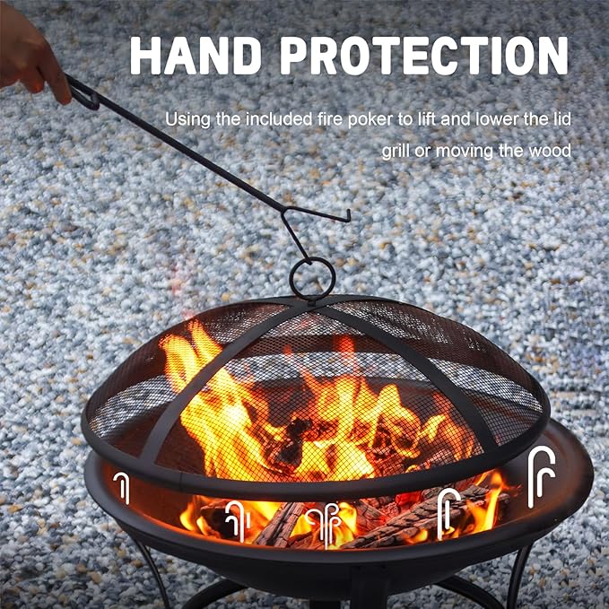 Panovue 22 in Firepit for Outside Outdoor Small Fire Pit,Durable Firepit with Mesh Lid,Log Grate,and Fire Poker,Fire Pit for Outside Backyard.Deck.Camping and Picnic