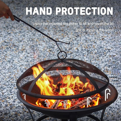 Panovue 22 in Firepit for Outside Outdoor Small Fire Pit,Durable Firepit with Mesh Lid,Log Grate,and Fire Poker,Fire Pit for Outside Backyard.Deck.Camping and Picnic