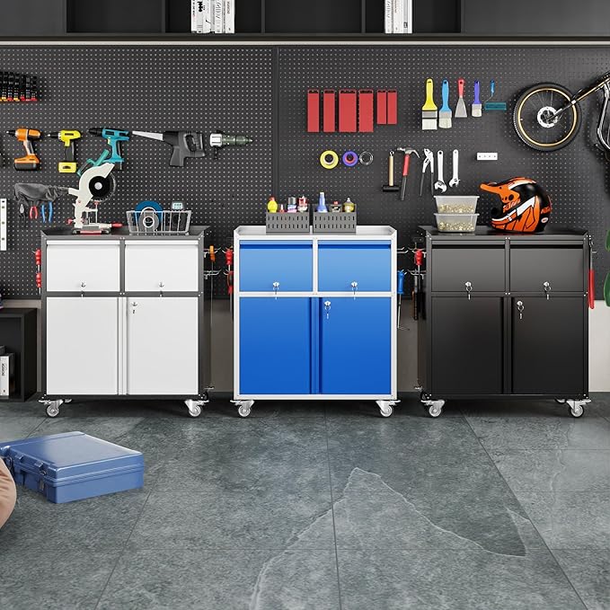 Aobabo Rolling Metal Garage Cabinet, Lockable Storage Cabinet with 2 Drawers, Pegboards, Hooks & Wheels, Heavy Duty Steel Utility Cabinet for Garage, Workshop, Home Office, Black, Assembly Required