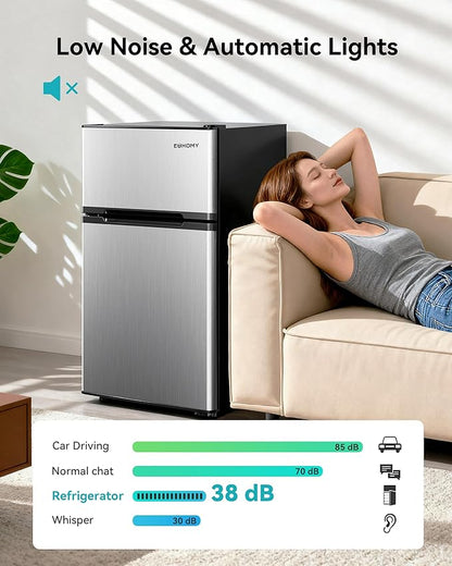 EUHOMY 3.2 Cu.Ft. Refrigerator with Freezer, 2 Door Fridge, Adjustable Thermostat，Large Capacity, Refrigerator for Kitchen/Dorm/Office/Apartment - Food Storage or Cooling drinks, Silver