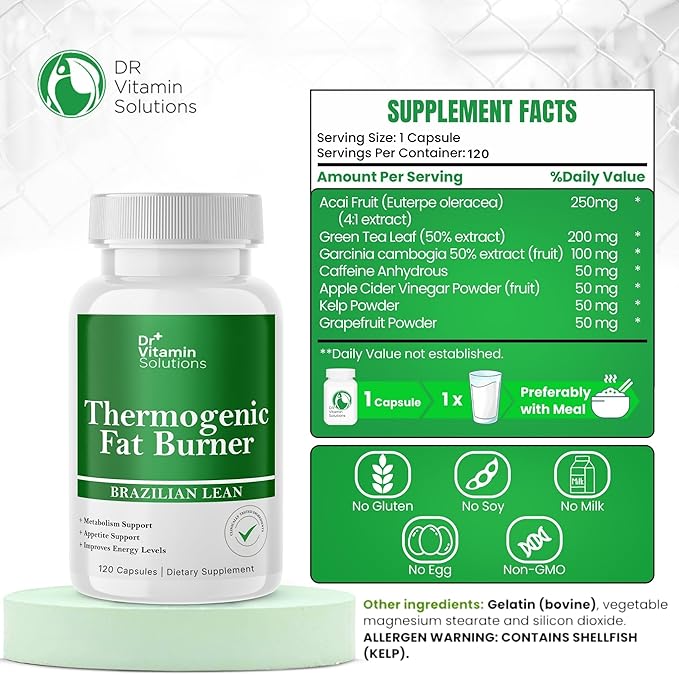 Thermogenic Fat Burner for Women and Men, 120 Count (4 Month Supply) - Appetite Suppressant for Weight Loss, Belly Fat Burner with Green Tea, Energy and Metabolism Booster, Non-GMO - Dr Vitamin
