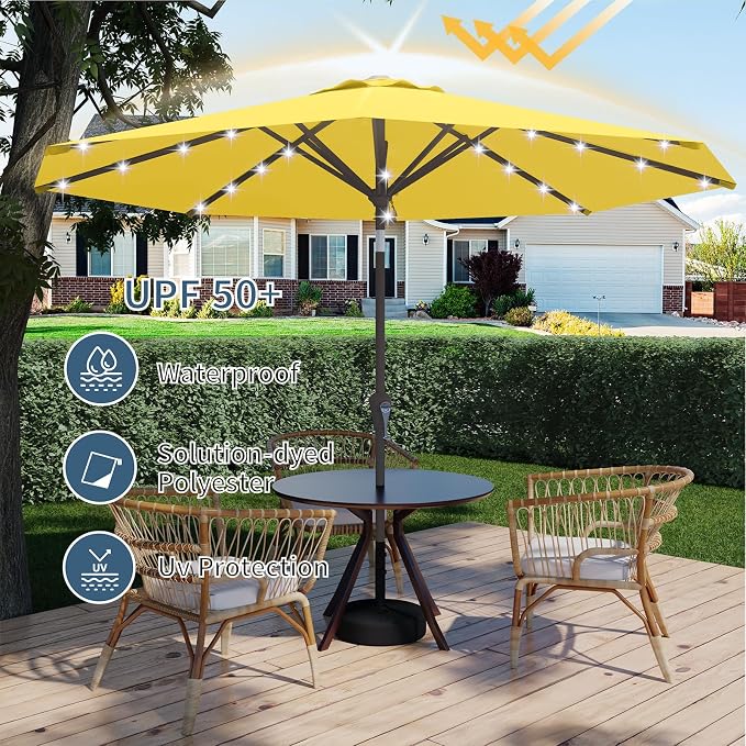9FT Patio Umbrella with Solar Lights,Outdoor Market Umbrella with Tilt and Crank, LED Lighted Table Umbrella for Garden,Deck,Backyard,Pool,Beach (Yellow)