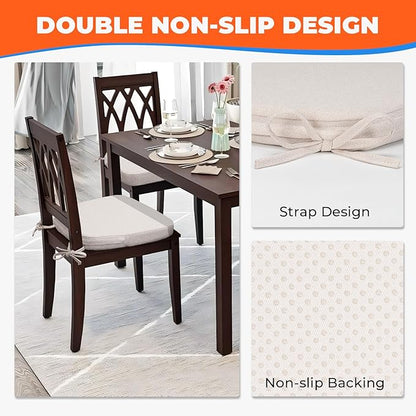 Sunsleek Chair Cushions for Dining Chairs, D-Shaped Seat Cushions with Removable Washable Cover and Ties, Chair Pads for Kitchen, Indoor Dining Room, Patio Chairs, 17'' x 16'', Set of 6, Beige
