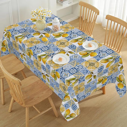 SASTYBALE Summer Lemon Tablecloth Mediterranean Tile Table Cloth, Washable Water Resistant Rectangular Italian Themed Decor Table Cover for Party/Picnic/Indoor/Outdoor (Rectangle, 60" x 102", Blue)