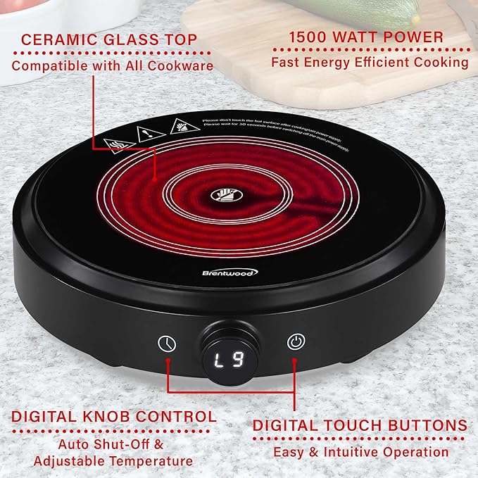 Brentwood Select 1500w 10-Inch Countertop Infrared Single Burner with Digital Touch Buttons, Knob, 9 Heat Settings, 99 Minute Timer, Black