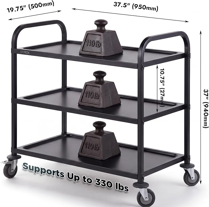 Black Stainless Steel Serving Cart, 3-Tier Rolling Utility Trolley (38"x20"x37"), Heavy Duty Painted Kitchen Cart on Wheels with Brakes, Commercial Grade for Restaurant, Hotel, Salon & Lab