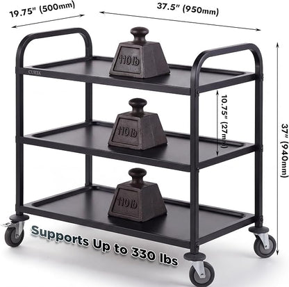 Black Stainless Steel Serving Cart, 3-Tier Rolling Utility Trolley (38"x20"x37"), Heavy Duty Painted Kitchen Cart on Wheels with Brakes, Commercial Grade for Restaurant, Hotel, Salon & Lab