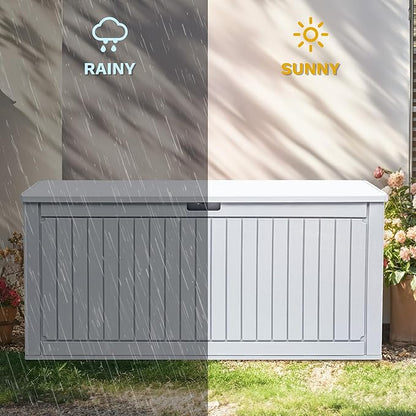 DWVO 320 Gallon Resin Outdoor Storage Box, XXL Double-Wall Waterproof Deck Box with Divider, Doubles as Table or Seating with 1000 lbs Capacity, Lockable (Grayish-White)