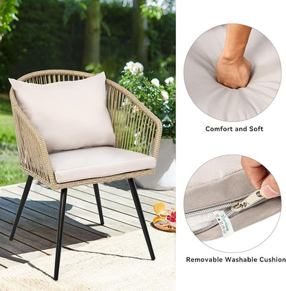 YITAHOME 3-Piece Wicker Small Patio Balcony Chair Set, Outdoor Rattan Conversation Apartment Chairs for Backyard, Balcony and Apartment with Soft Cushions, Glass Side Table Gray