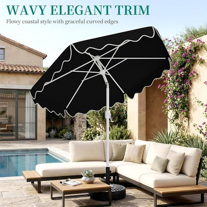 AreShark 7.5FT Outdoor Patio Umbrella with Wavy Trim (Black) | Market Table Umbrellas w/ 6 Sturdy Ribs, Crank & Tilt, White Pole, Pool Umbrella with UV-Fade Resistant Fabric, Heavy Frame