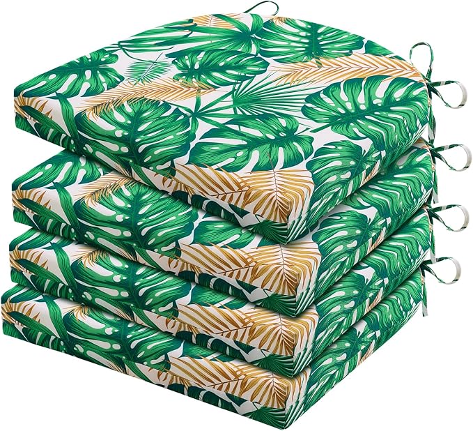HARBOREST Outdoor Chair Cushions Set of 4, Water Resistant Patio Chair Cushions with Ties, Outdoor Seat Cushions for Patio Furniture, 17"x16"x2", Frond