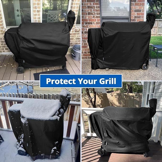 SunPatio Outdoor Heavy Duty Waterproof Grill Cover Compatible with Traeger 34 Series Wood Pellet Grill and Smoker, Texas and More, Full Length Barbecue Cover, All Weather Protection, Black