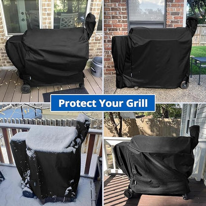 SunPatio Outdoor Heavy Duty Waterproof Grill Cover Compatible with Traeger 34 Series Wood Pellet Grill and Smoker, Texas and More, Full Length Barbecue Cover, All Weather Protection, Black