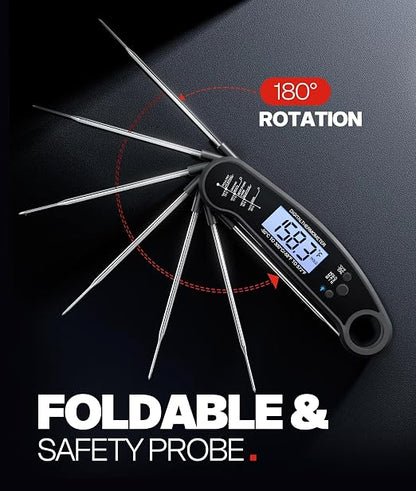 Instant Read Meat Thermometer Digital, 1-2 Sec, Cooking, Food, BBQ | Fast Response, Waterproof, Backlit Display for Grilling, Air Fryer, Smoker, Kitchen Gadgets, Gift for Dad Men, Black