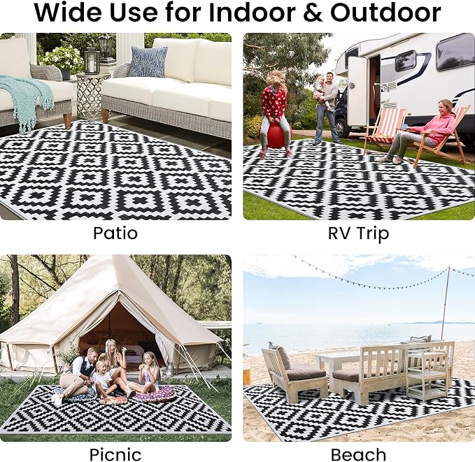Smiry Outdoor Rug 5x8 ft Waterproof Reversible Boho Mat, Black & White | Polypropylene Plastic Straw, Quick Drying, Lightweight Foldable, for Patio, Deck, RV Camping, Backyard and Indoor Outdoor Use