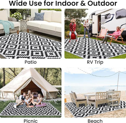 Smiry Outdoor Rug 5x8 ft Waterproof Reversible Boho Mat, Black & White | Polypropylene Plastic Straw, Quick Drying, Lightweight Foldable, for Patio, Deck, RV Camping, Backyard and Indoor Outdoor Use