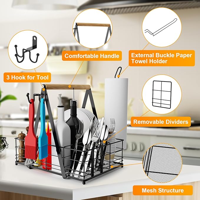 JBBTOOL Grill Caddy, BBQ Caddy for Outdoor Grill with Paper Towel Holder, Picnic Utensil Caddyfor Outdoor Kitchen, RV, Patio, Tailgate, Camping Essentials, Grilling Gifts for Men, Barbecue Tool Sets