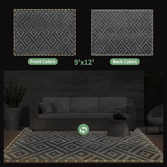 GENIMO Outdoor Rug, Waterproof Plastic Rugs for Patio, 9'x12' LED Dark Grey | Outside Larger Modern Carpet Mat for Porch Decor, Deck, Balcony, Camping, RV, Backyard, Picnic, Beach, Reversible, Foldable