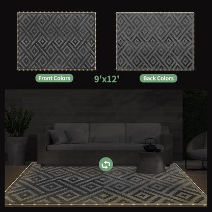 GENIMO Outdoor Rug, Waterproof Plastic Rugs for Patio, 9'x12' LED Dark Grey | Outside Larger Modern Carpet Mat for Porch Decor, Deck, Balcony, Camping, RV, Backyard, Picnic, Beach, Reversible, Foldable