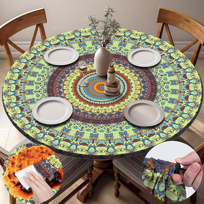 opstellen Fitted Round Tablecloths Reusable Stain Resistant Table Clothes Vinyl Indoor Outdoor Circular Cover for 36-44" Table House Party Gear Gifts Summer Autumn Camper Patio Picnic Accessories