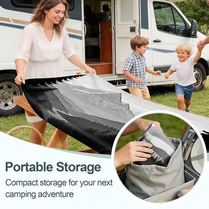 Picnic Table Cover Bench Covers Camping Essentials Tablecloth | Waterproof Vinyl for Outdoor, Windproof Elastic Fitted Edges, RV BBQ Accessories Must Haves, Storage Bag Included