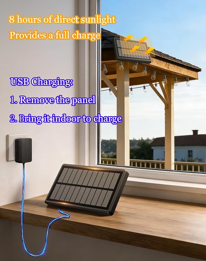 50ft Solar Powered Lights Outdoor - Waterproof String Light Outside Patio | Yard Garden Fence Backyard Deck Porch Balcony Patios Camping Battery Operated Lighting Hanging with LED Edison Bulbs S14