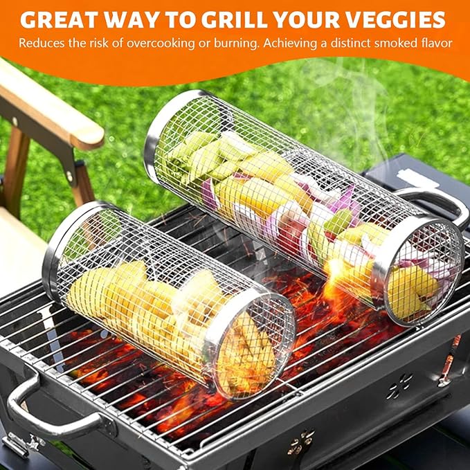 KAYCROWN Stainless Steel Grill Baskets, 2Pcs (12Inches & 8Inches), BBQ Grill Accessories with 2 Forks & 2 Hooks, Silver