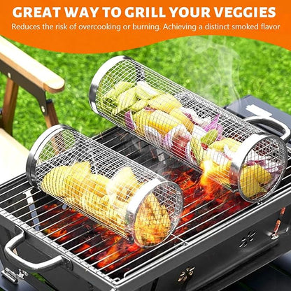 KAYCROWN Stainless Steel Grill Baskets, 2Pcs (12Inches & 8Inches), BBQ Grill Accessories with 2 Forks & 2 Hooks, Silver