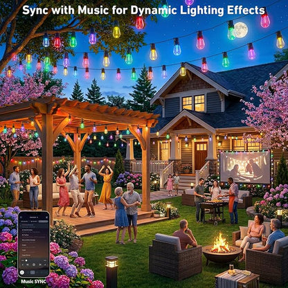 Outdoor String Lights,200FT Smart RGB+IC Patio Lights with Shatterproof LED Bulbs ,Outside Light Dimmable Patio for Decor DIY IP67 Waterproof ,Courtyard, garden,Holiday,LED lights more Scene Modes
