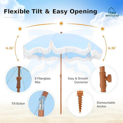 7ft Patio Beach Umbrella with Fringe, Outdoor Umbrella for Poolside, Blue | MFSTUDIO Tassel Umbrellas UPF50+ with Sand Anchor & Tilt Button, Holiday Outdoor Umbrella with Carry Bag, Ideal for Garden
