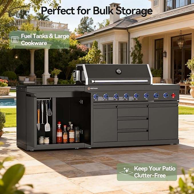 Black Stainless Steel Outdoor Double Door Empty Cabinet, Black Galaxy Granite Countertop, Storage Module for Grill Island, Patio BBQ Station, No Shelves